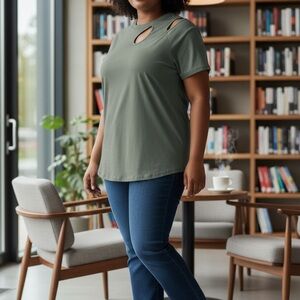 SHEIN Olive Short Sleeve Cut-Out Tee